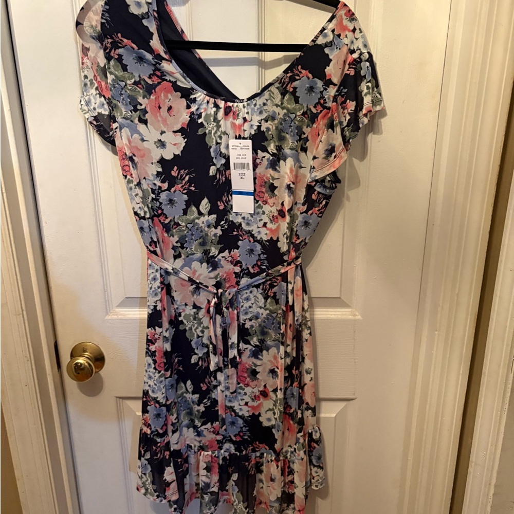 R&K Asymmetrical Floral Dress in Navy‎ and Pink